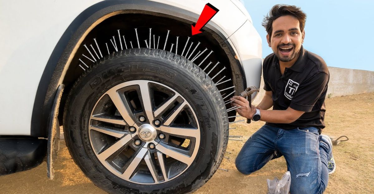 Youtuber ने Toyota Fortuner के टायर में 41 कील ठोंकी [वीडियो]