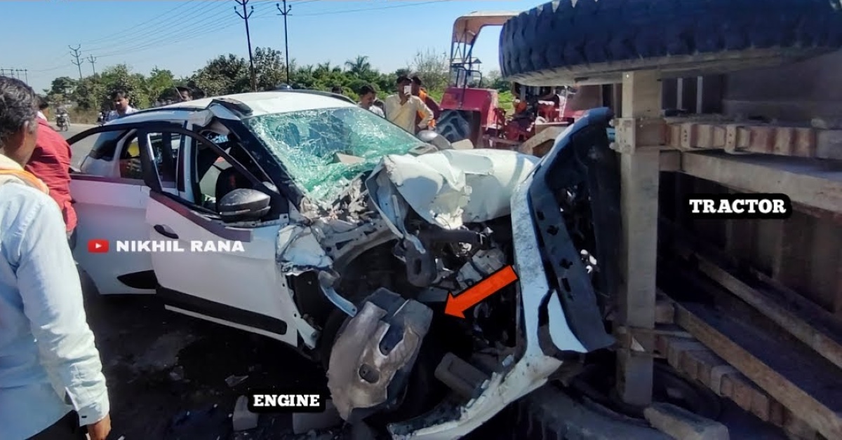 Tata Nexon ट्रैक्टर के साथ एक तेज गति से दुर्घटनाग्रस्त हुई: यात्री और पालतू कुत्ता बाहर निकले [वीडियो]