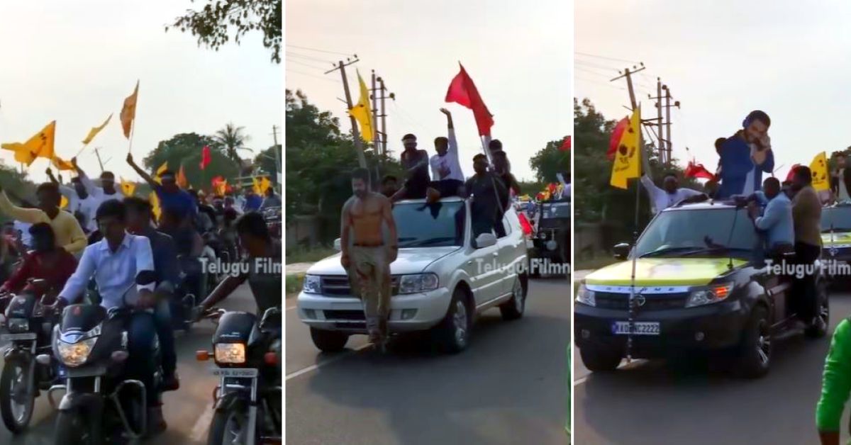 Jr. NTR & Ram Charan के प्रशंसकों ने RRR फिल्म का जश्न मनाने के लिए 100 कार रैली की [वीडियो]