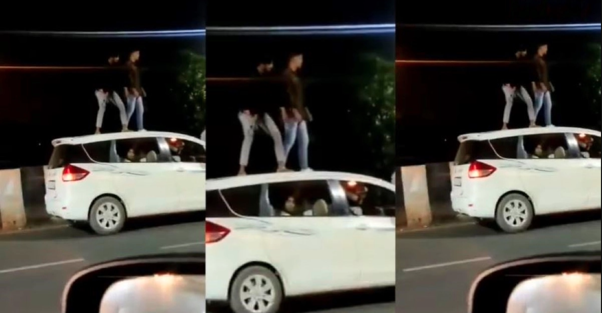 नशे में धुत युवकों ने चलती कार के ऊपर डांस किया: 20,000 रु जुर्माना